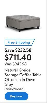 Walmart Natural greige storage coffee table ottoman in dove gray offer