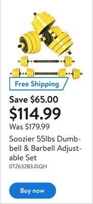 Walmart Soozier 55lbs dumbbell & barbell adjustable set offer