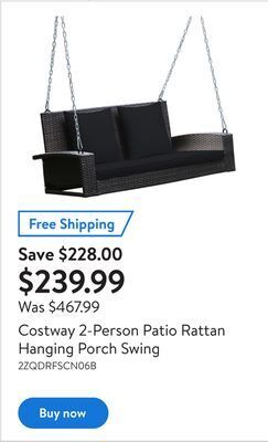 Walmart Costway 2-person patio rattan hanging porch swing offer