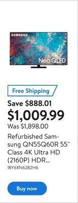Walmart Refurbished samsung qn55q60r 55" class 4k ultra hd (2160p) hdr smart qled tv offer