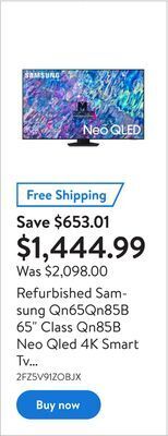 Walmart Refurbished samsung qn65qn85b 65" class qn85b neo qled 4k smart tv 2022 free shipping in gta offer