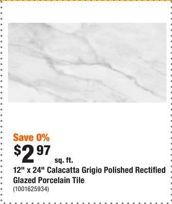 Home Depot 12" x 24" calacatta grigio polished rectified glazed porcelain tile offer
