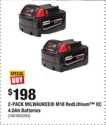 Home Depot 2-pack milwaukee® m18 redlithium™ xc 4.0ah batteries offer
