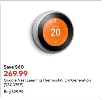 Staples Google nest learning thermostat, 3rd generation (t3007ef) offer