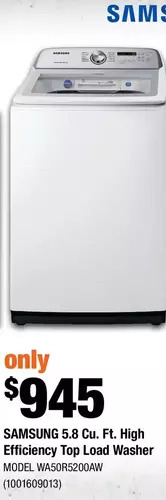Home Depot Samsung 5.8 cu. ft. high efficiency top load washer offer