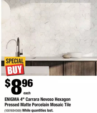 Home Depot Enigma 4" carrara nevoso hexagon pressed matte porcelain mosaic tile offer