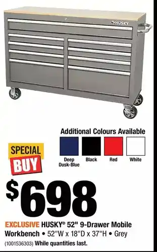 Home Depot Husky 52" 9-drawer mobile workbench offer