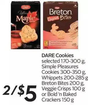 Sobeys Dare cookies, simple pleasures cookies, whippets, breton bites, veggie crisps or bold 'n baked crackers offer