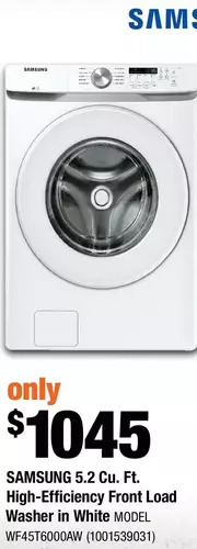 Home Depot Samsung 5.2 cu. ft. high-efficiency front load washer in white offer