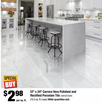 Home Depot 12" x 24" carrara vera polished and rectified porcelain tile offer