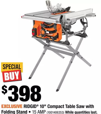 Home Depot Ridgid 10" compact table saw with folding stand offer