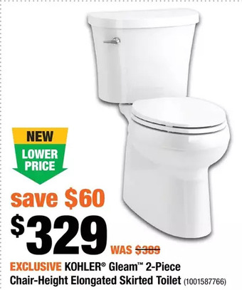 Home Depot Kohler gleam 2-piece chair-height elongated skirted toilet offer