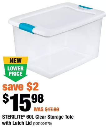 Home Depot Sterilite 60l clear storage tote with latch lid offer