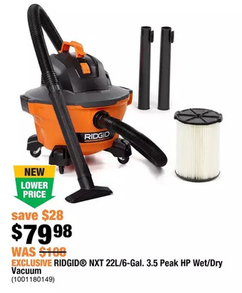 Home Depot Ridgid nxt 22l/6-gal. 3.5 peak hp wet/dry vacuum offer