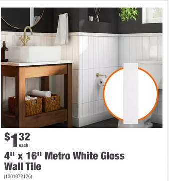 Home Depot 4" x 16" metro white gloss wall tile offer
