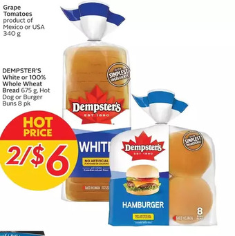 Sobeys Dempster's white or 100% whole wheat bread, hot dog or burger buns offer