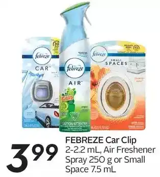 Sobeys Febreze car clip, air freshener spray or small space offer