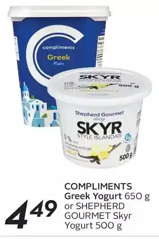 Sobeys Compliments greek yogurt or shepherd gourmet skyr yogurt offer