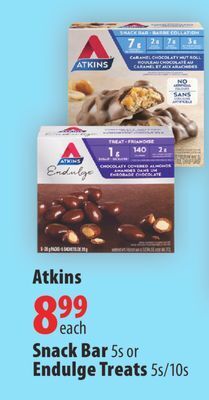 London Drugs Atkins snack bar 5s or endulge treats 5s/10s offer