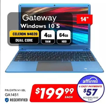 Factory Direct Gateway 14" windows 10s (n4020 / 4gb / 64gb) offer