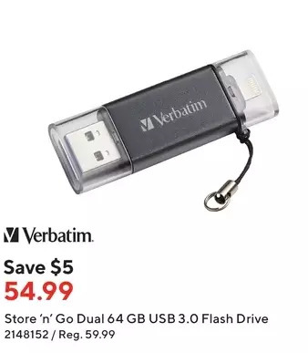 Staples Verbatim store 'n' go dual 64 gb usb 3.0 flash drive offer