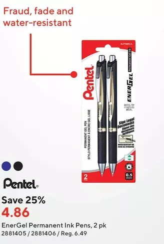 Staples Pentel energel permanent ink pens offer