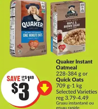 FreshCo Quaker instant oatmeal or quick oats offer