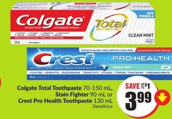 Chalo FreshCo Colgate total toothpaste 70-150 ml, stain fighter 90 ml or crest pro health toothpaste 130 ml offer