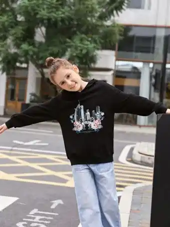 SheIn Shein girls floral & graphic print drop shoulder hoodie offer