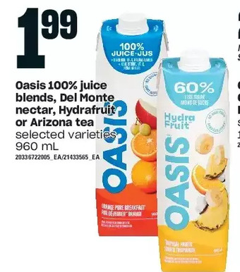 Independent Grocer Oasis 100% juice blends, del monte nectar, hydrafruit or arizona tea offer