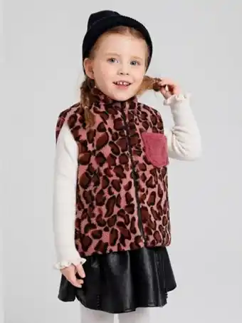 SheIn Shein toddler girls leopard pattern patched pocket teddy vest jacket offer