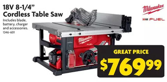 Home Hardware 18v 8-1/4" cordless table saw offer
