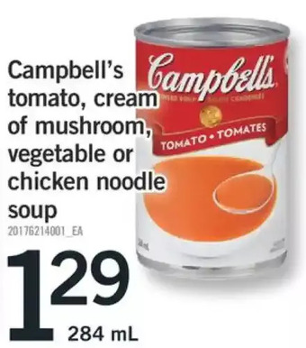 Fortinos Campbell's tomato, cream of mushroom, vegetable or chicken noodle soup offer