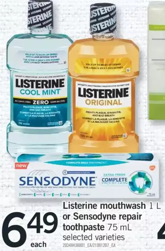 Fortinos Listerine mouthwash or sensodyne repair toothpaste offer