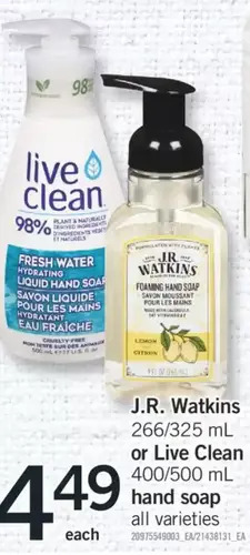 Fortinos J.r. watkins or live clean hand soap offer