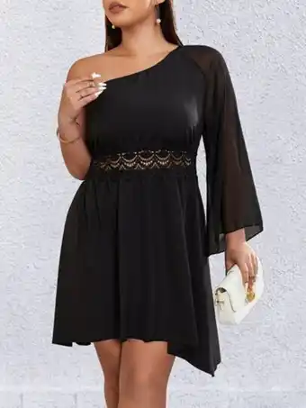 SheIn Plus one shoulder guipure lace insert trumpet sleeve dress offer