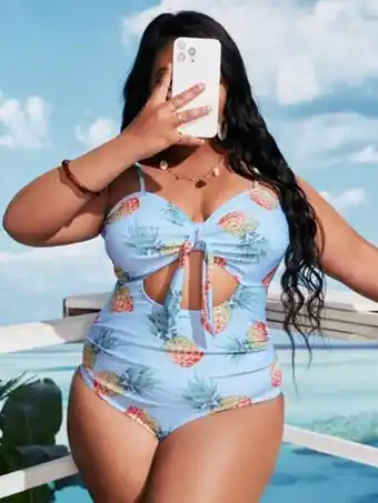 SheIn Plus pineapple print cut out knot front one piece swimsuit offer
