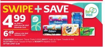 Rexall Cashmere bathroom tissue triple 6-roll, savvy soak up paper towels 8-roll, scotties facial tissues 6-pack or bounty napkins 2 offer