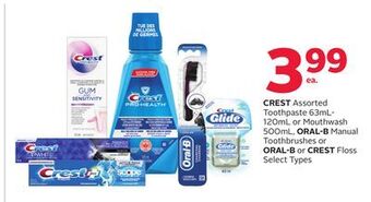 Rexall Crest assorted toothpaste 63ml-120ml or mouthwash 500ml, oral-b manual toothbrushes or oral-b or crest floss offer