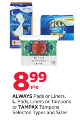 Rexall Always pads or liners, l. pads, liners or tampons or tampax tampons offer