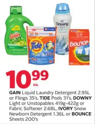 Rexall Gain liquid laundry detergent 2.95l or flings 35' s, tide pods 31' s, downy light or unstopables 419g-422g or fabric softener offer
