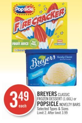 Shoppers Drug Mart Breyers classic frozen dessert (1.66l) or popsicle novelty bars offer
