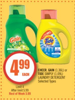 Shoppers Drug Mart Cheer, gain (1.36l) or tide simply (1.09l) laundry detergent offer