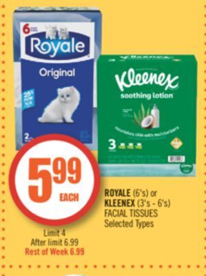 Shoppers Drug Mart Royale (6's) or kleenex (3's - 6's) facial tissues offer