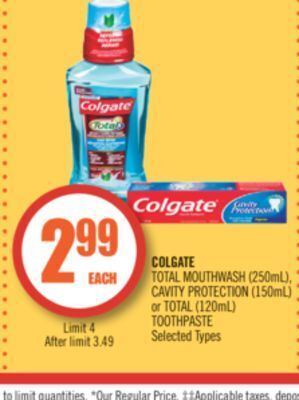 Shoppers Drug Mart Colgate total mouthwash (250ml), cavity protection (150ml) or total (120ml) toothpaste offer
