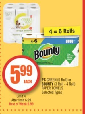 Shoppers Drug Mart Pc green (6 roll) or bounty (3 roll - 4 roll) paper towels offer