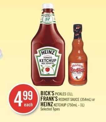 Shoppers Drug Mart Bick's pickles (1l), frank's redhot sauce (354ml) or heinz ketchup (750ml - 1l) offer