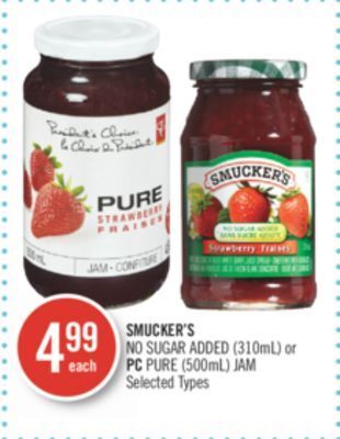Shoppers Drug Mart Smucker's no sugar added (310ml) or pc pure (500ml) jam offer