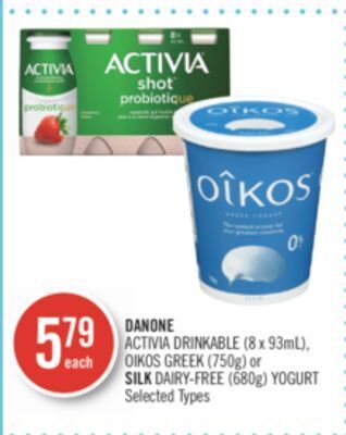 Shoppers Drug Mart Danone activia drinkable (8 x 93ml), oikos greek (750g) or silk dairy-free (680g) yogurt offer