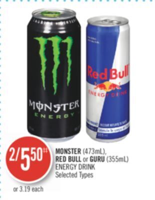 Shoppers Drug Mart Monster (473ml), red bull or guru (355ml) energy drink offer